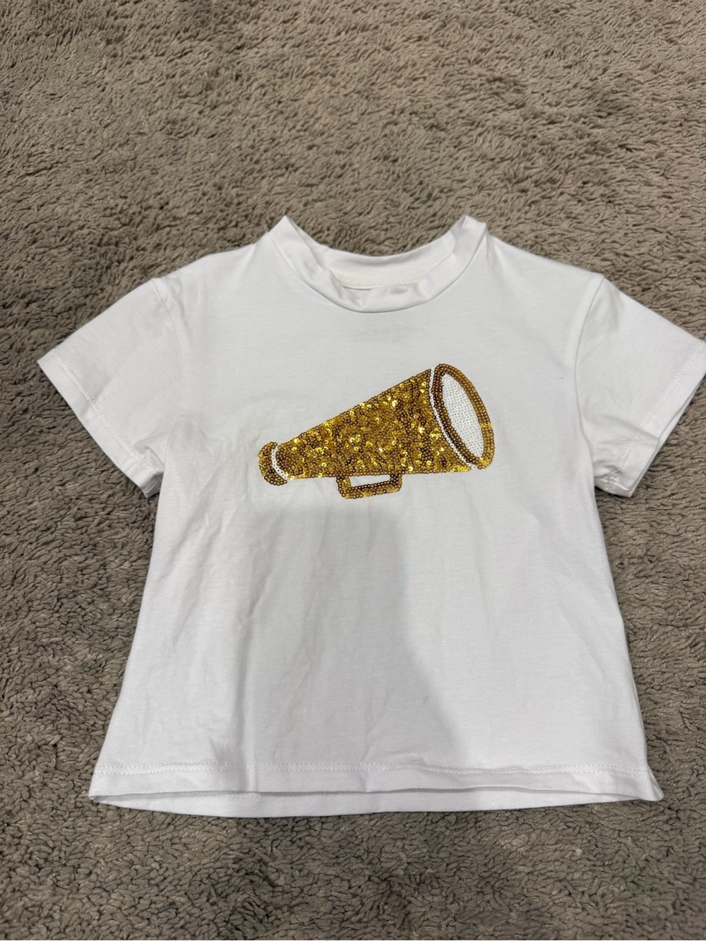 Azarhia Girls White Gold Sequin Cheer Megaphone Graphic T-Shirt YT 2/3